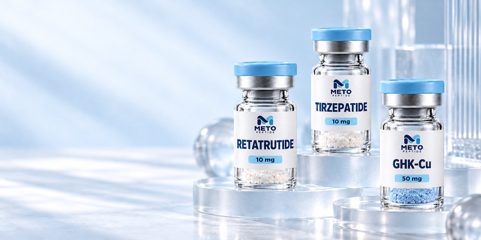 METO research peptide vials on glass pedestals